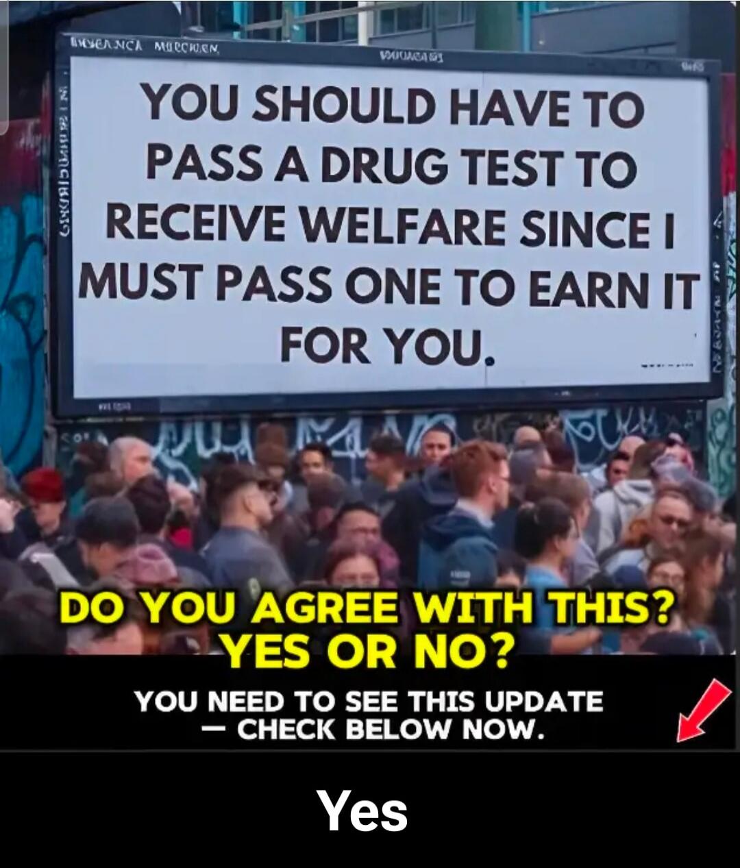 YOU SHOULD HAVE TO PASS A DRUG TEST TO RECEIVE WELFARE SINCE I MUST PASS ONE TO EARN IT FOR YOU. DO YOU AGREE WITH THIS? YES OR NO? YOU NEED TO SEE THIS UPDATE - CHECK BELOW NOW. Yes