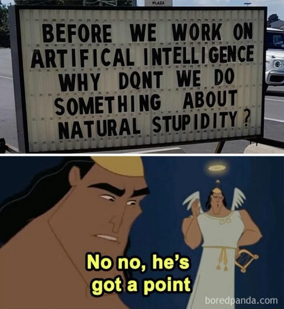 BEFORE WE WORK ON ARTIFICIAL INTELLIGENCE WHY DNT WE DO SOMETHING ABOUT NATURAL STUPIDITY? No no, he’s got a point