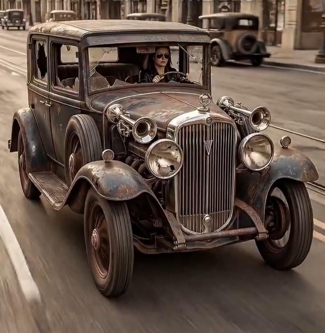 A woman in sunglasses and a leather jacket drives a vintage, rusty car with broken windows and multiple horns on the front, on a city street.