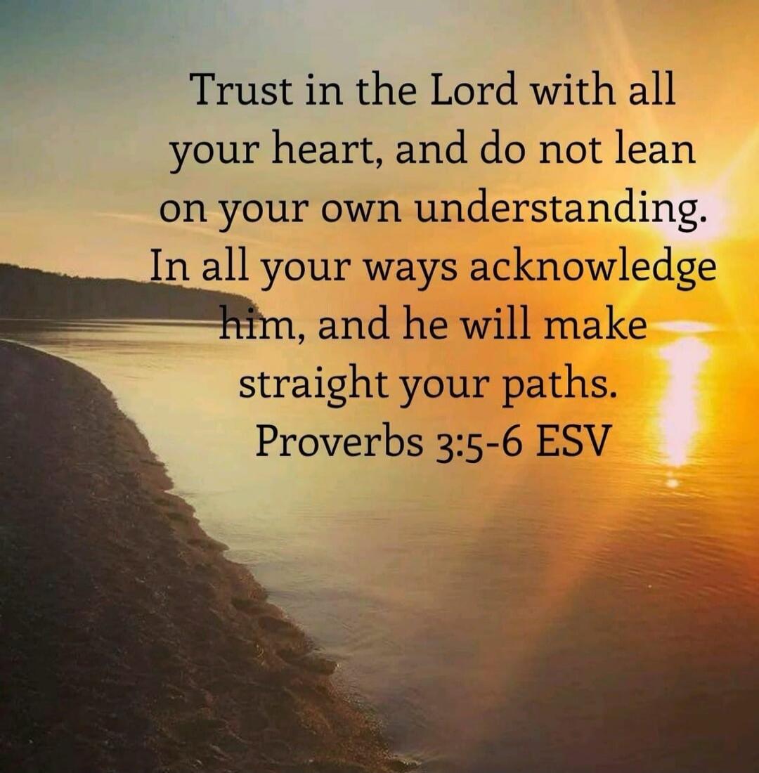 Trust in the Lord with all your heart, and do not lean on your own understanding. In all your ways acknowledge him, and he will make straight your paths. Proverbs 3:5-6 ESV