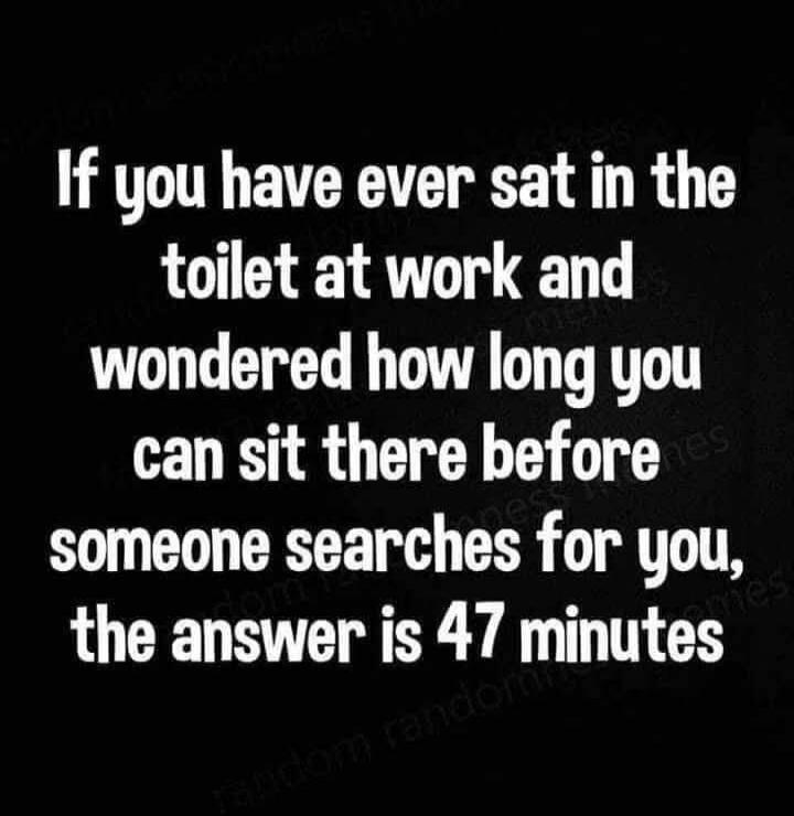 If you have ever sat in the toilet at work and wondered how long you can sit there before someone searches for you, the answer is 47 minutes