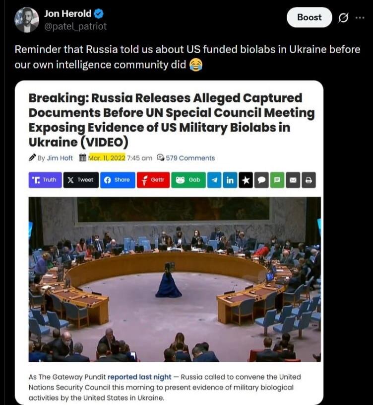 Jon Herold @patel_patriot Reminder that Russia told us about US funded biolabs in Ukraine before our own intelligence community did 😂 Breaking: Russia Releases Alleged Captured Documents Before UN Special Council Meeting Exposing Evidence of US Military Biolabs in Ukraine (VIDEO) By Jim Hoft Mar. 11, 2022 7:45 am 579 Comments Truth Tweet Share Gett