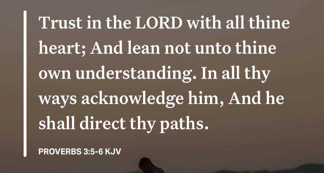 Trust in the LORD with all thine heart; And lean not unto thine own understanding. In all thy ways acknowledge him, And he shall direct thy paths. PROVERBS 3:5-6 KJV