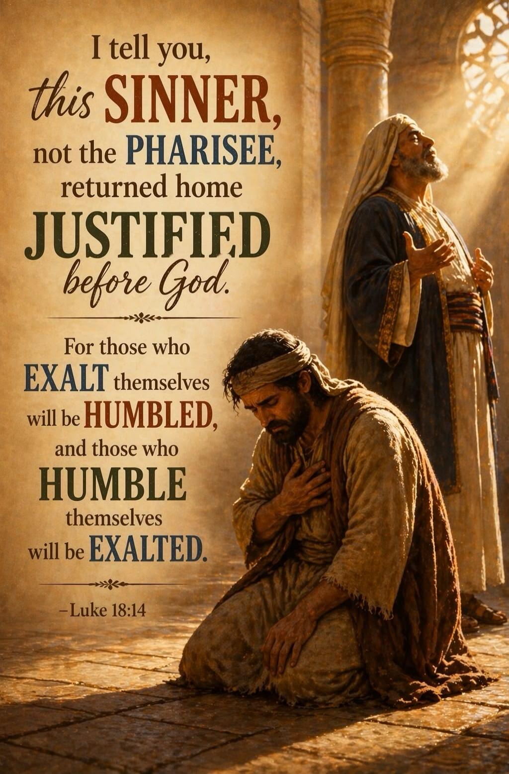 I tell you, this SINNER, not the PHARISEE, returned home JUSTIFIED before God. For those who EXALT themselves will be HUMBLED, and those who HUMBLE themselves will be EXALTED. - Luke 18:14