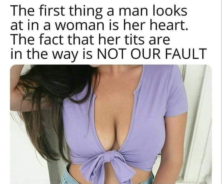 The first thing a man looks atin a woman is her heart The fact that her tits are in the way is NOT OUR FAULT 777 I