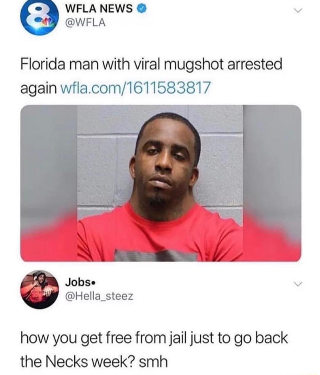 WFLA NEWS WFLA Florida man with viral mugshot arrested again wflacom1611583817 7 2 X y Jobse Hella_steez how you get free from jail just to go back the Necks week smh