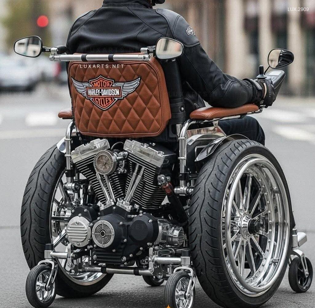 A person in a highly customized wheelchair with a Harley-Davidson motorcycle engine and chrome wheels. The backrest features a quilted brown leather design with the 'MOTOR HARLEY-DAVIDSON CYCLES' logo. Text visible: LUXARTS.NET, LUX.2909.