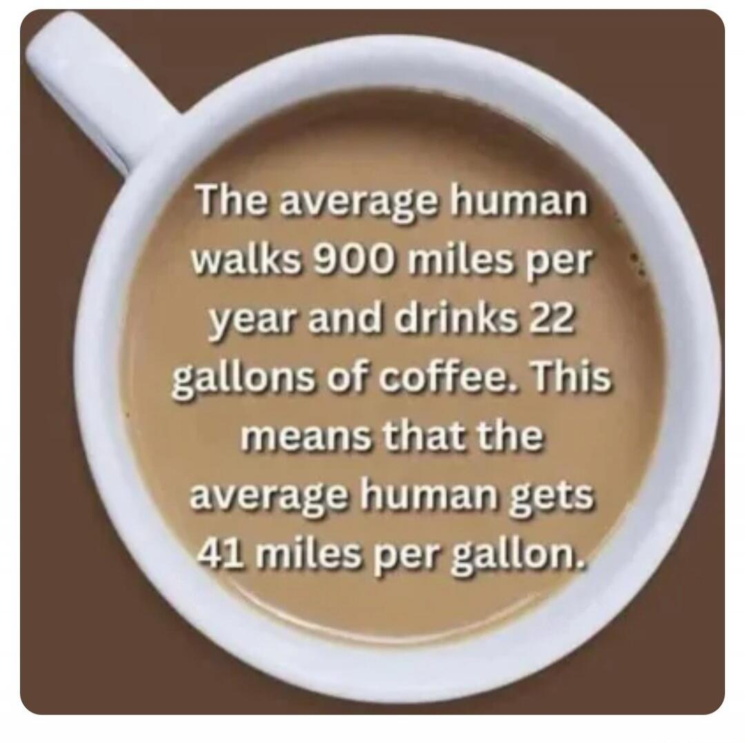 The average human walks 900 miles per year and drinks 22 gallons of coffee. This means that the average human gets 41 miles per gallon.
