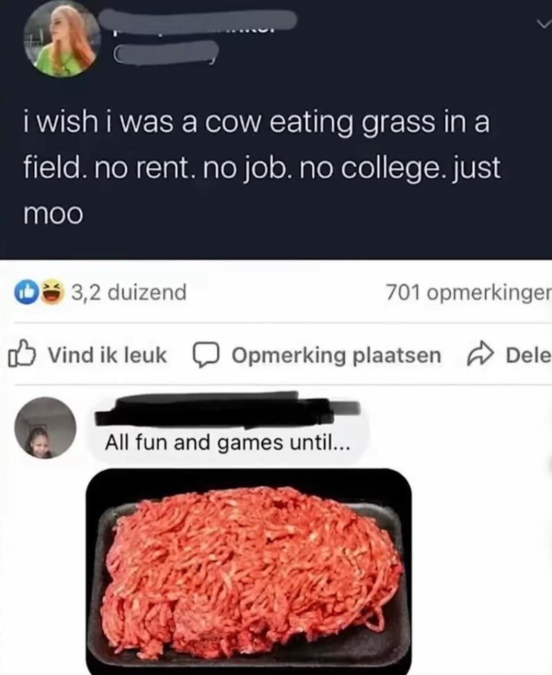 iwish i was a cow eating grass in a field no rent no job no college just moo 701 opmerkinger oY Vindikleuk D Opmerking plaatsen Dele Q Al fun and games unti