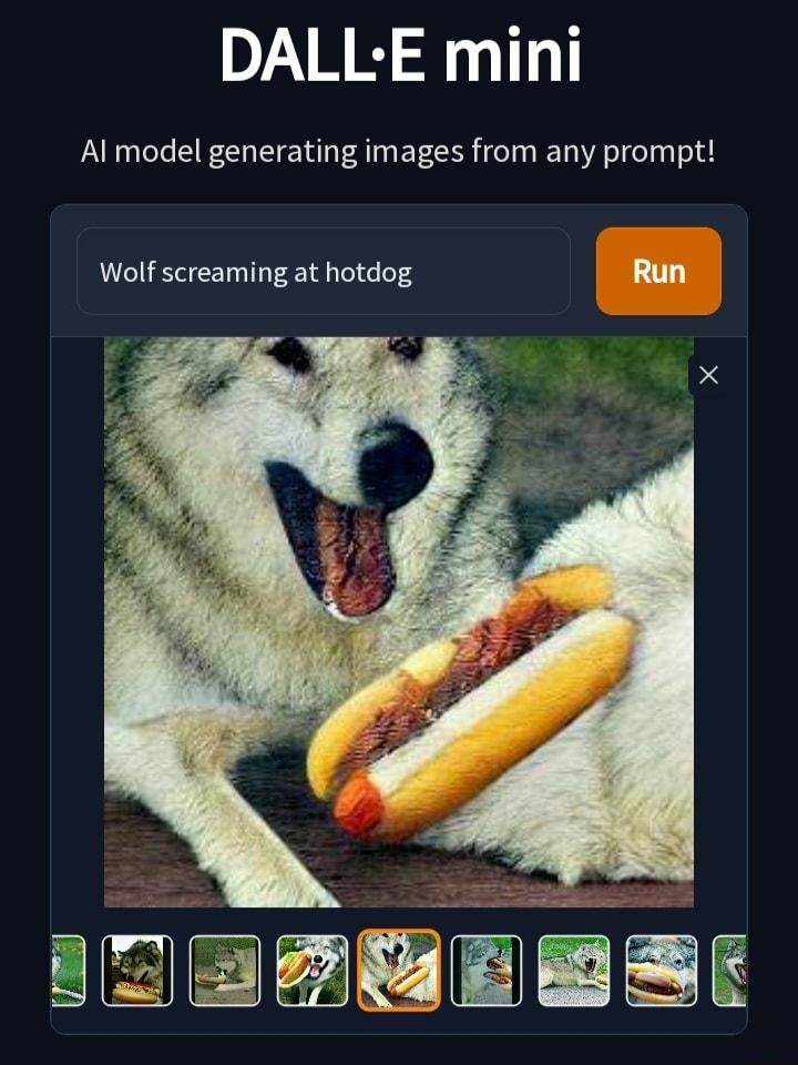 DALLE mini Al model generating images from any prompt Wolf screaming at hotdog Run