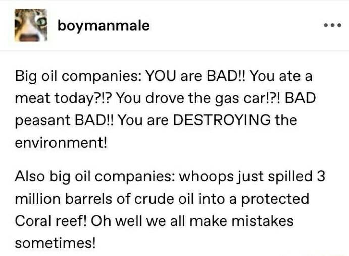 E boymanmale oee Big oil companies YOU are BAD You ate a meat today You drove the gas car BAD peasant BAD You are DESTROYING the environment Also big oil companies whoops just spilled 3 million barrels of crude oil into a protected Coral reef Oh well we all make mistakes sometimes