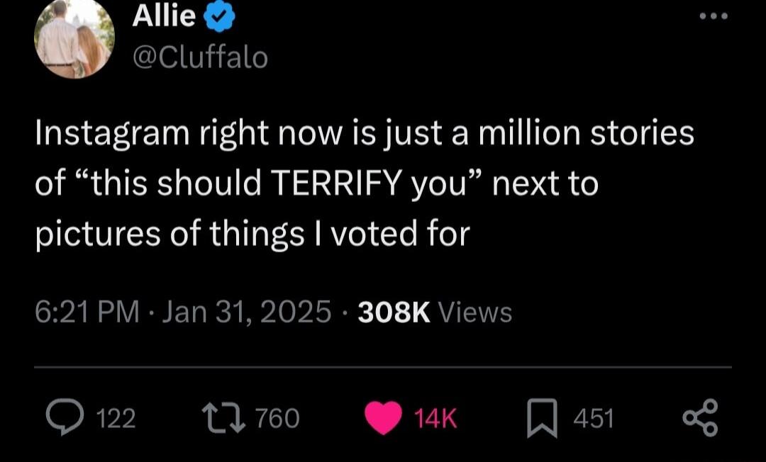 LU Cluffalo Instagram right now is just a million stories of this should TERRIFY you next to pictures of things voted for SPANVENEU R RIPIR QYL Qmn2 1170 14K REE g