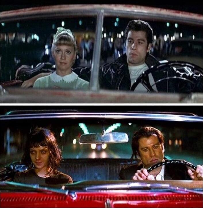 Split-screen image of two couples sitting in cars at night, both looking ahead while driving.
