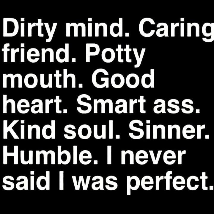 Dirty mind. Caring friend. Potty mouth. Good heart. Smart ass. Kind soul. Sinner. Humble. I never said I was perfect.