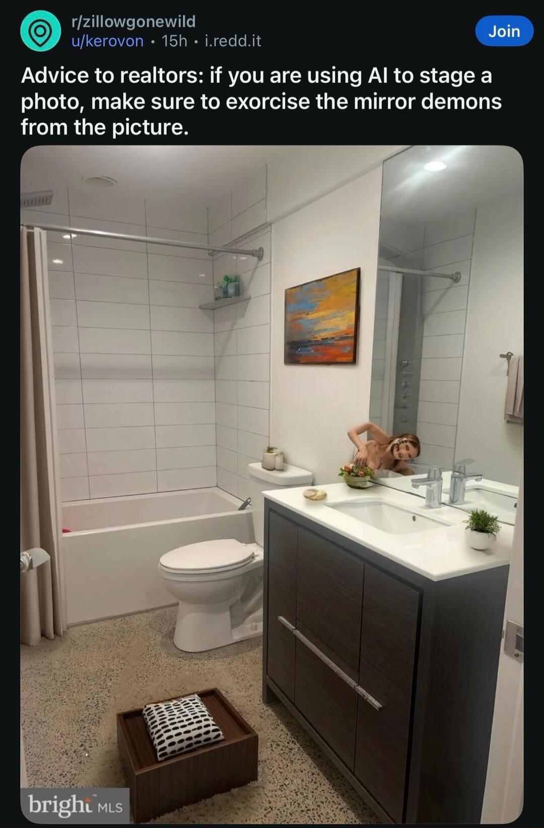 Advice to realtors: if you are using AI to stage a photo, make sure to exorcise the mirror demons from the picture.