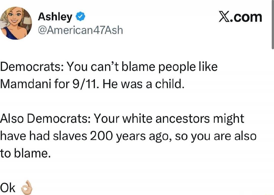 Ashley @American47Ash: Democrats: You can’t blame people like Mamdani for 9/11. He was a child. Also Democrats: Your white ancestors might have had slaves 200 years ago, so you are also to blame. Ok 👌