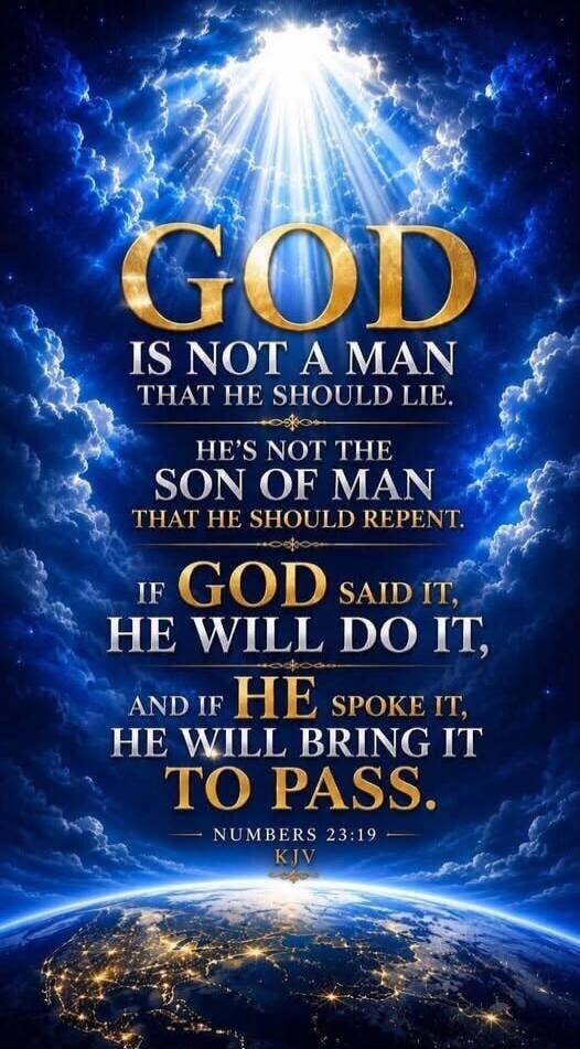 GOD IS NOT A MAN THAT HE SHOULD LIE. HE'S NOT THE SON OF MAN THAT HE SHOULD REPENT. IF GOD SAID IT, HE WILL DO IT, AND IF HE SPOKE IT, HE WILL BRING IT TO PASS. NUMBERS 23:19 KJV