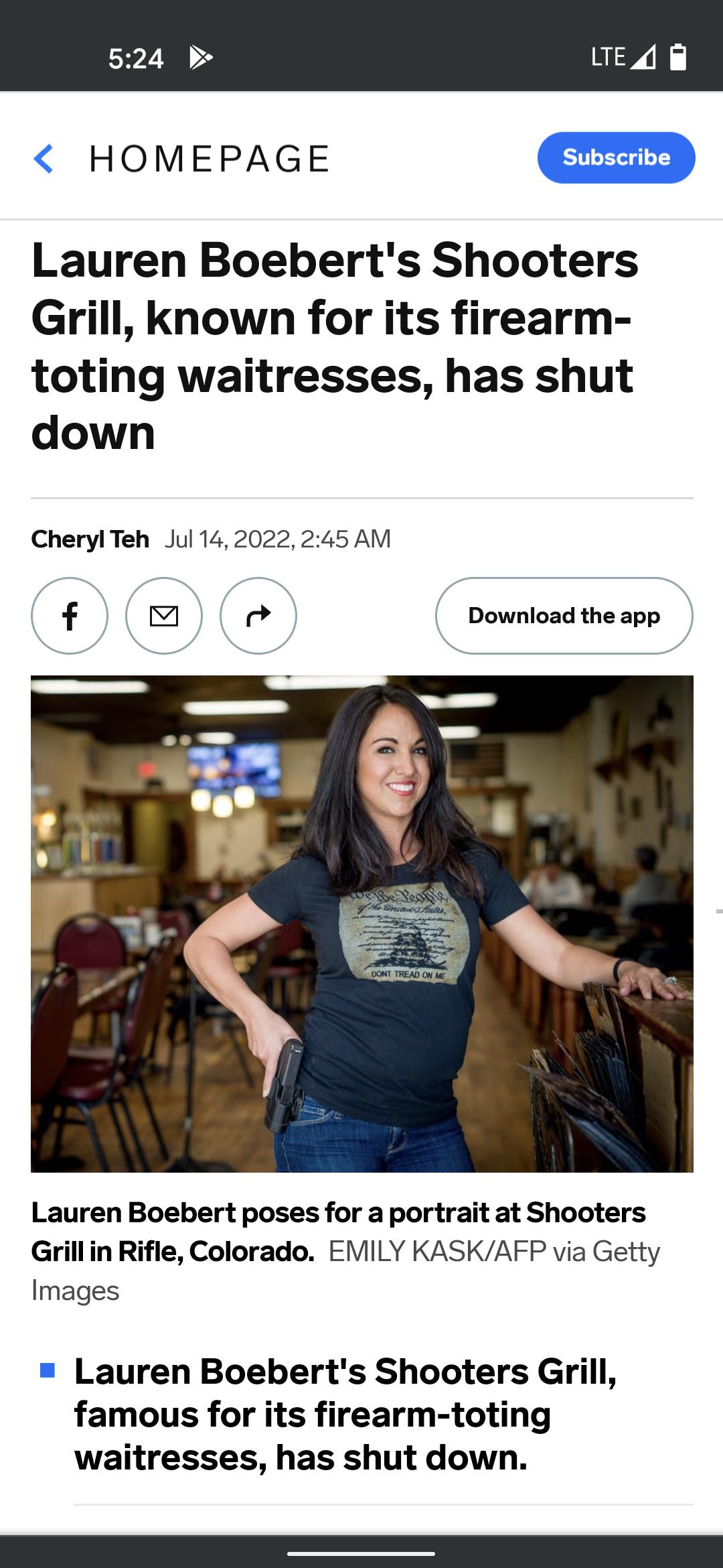 HOMEPAGE Lauren Boeberts Shooters Grill known for its firearm toting waitresses has shut down CherylTeh Jul 142022 245 AM f lad Download the app Lauren Boebert poses for a portrait at Shooters Grillin Rifle Colorado EMILY KASKAFP via Getty Images Lauren Boeberts Shooters Grill famous for its firearm toting waitresses has shut down