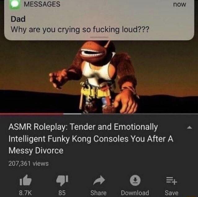 Dad\nWhy are you crying so fucking loud???\nASMR Roleplay: Tender and Emotionally Intelligent Funky Kong Consoles You After A Messy Divorce