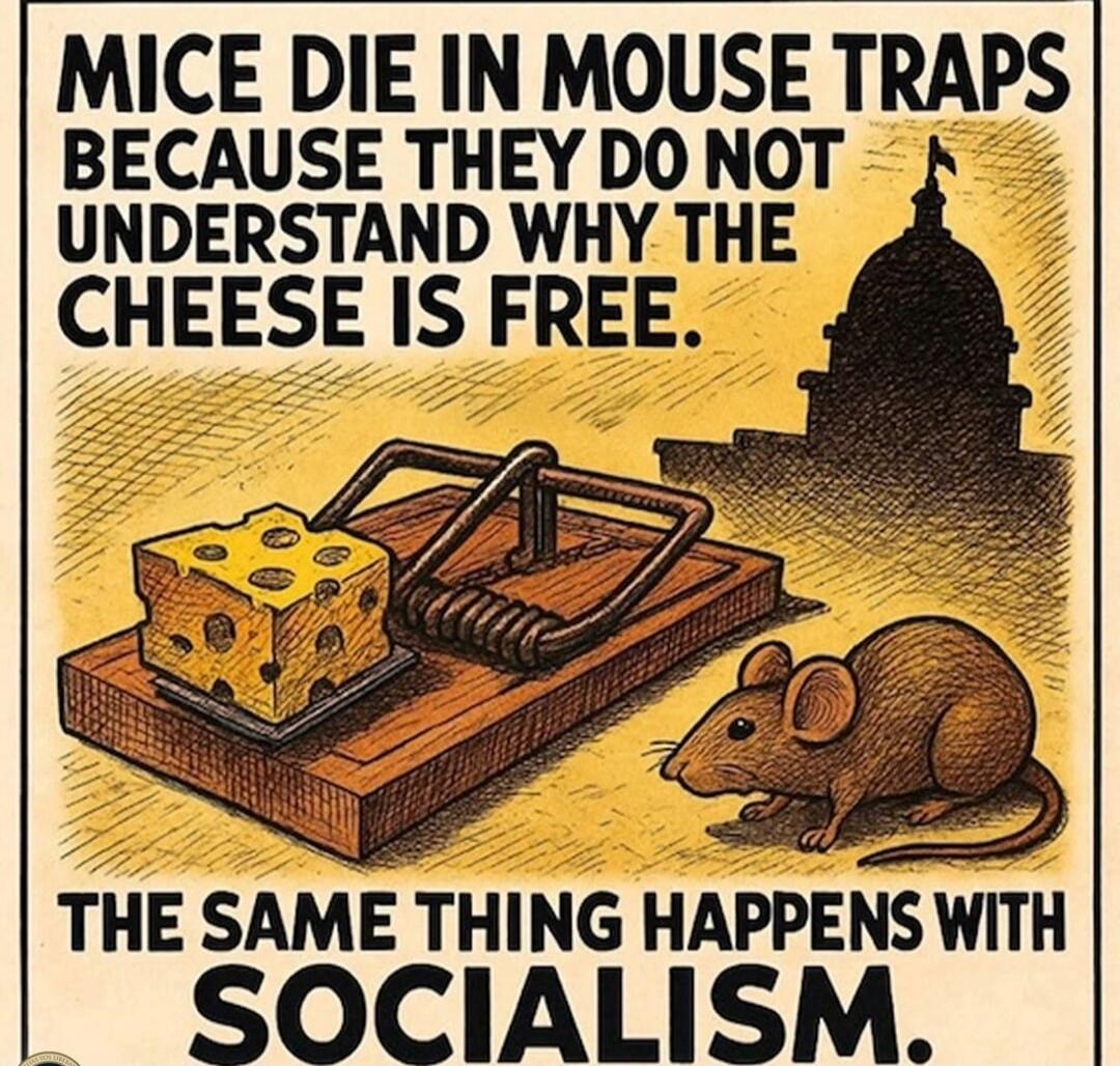 MICE DIE IN MOUSE TRAPS BECAUSE THEY DO NOT UNDERSTAND WHY THE CHEESE IS FREE. THE SAME THING HAPPENS WITH SOCIALISM.
