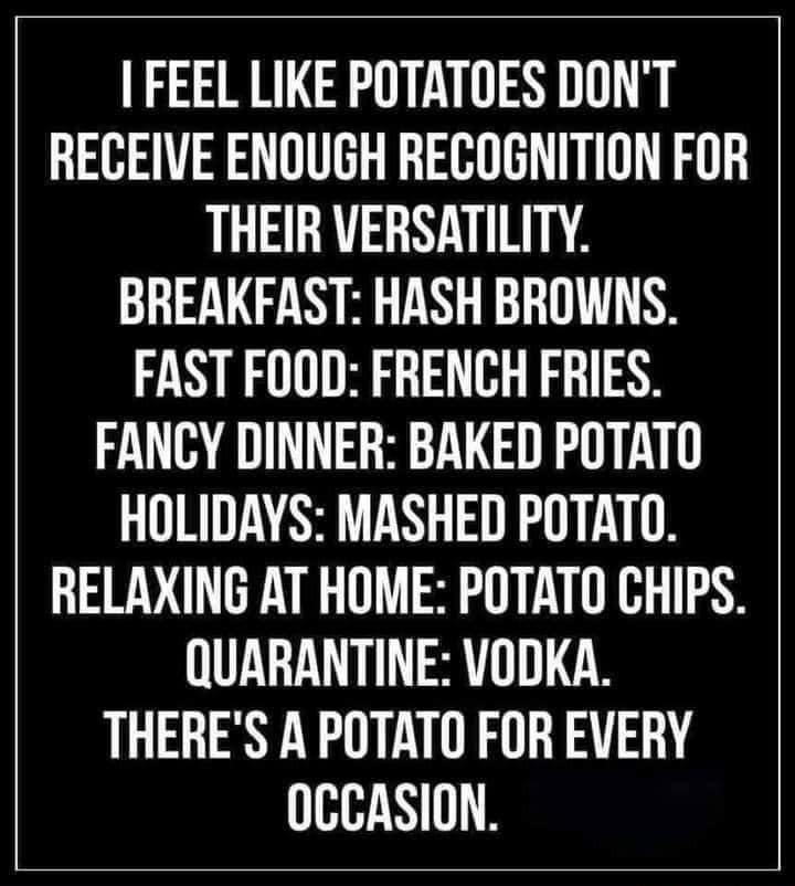 FEEL LIKE POTATOES DONT RECEIVE ENOUGH RECOGNITION FOR THEIR VERSATILITY BREAKFAST HASH BROWNS FAST FOOD FRENCH FRIES FANCY DINNER BAKED POTATO QLIRS TN R TN RELAXING AT HOME POTATO CHIPS QUARANTINE VODKA THERES A POTATO FOR EVERY OCCASION