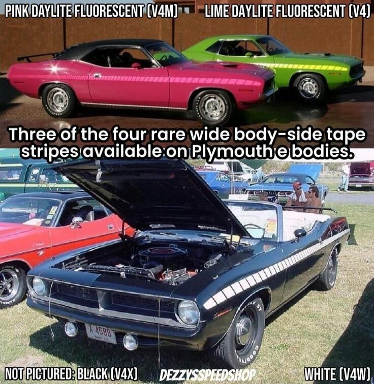 PINK DAYLITE FLUORESCENT (V4M) LIME DAYLITE FLUORESCENT (V4) Three of the four rare wide body-side tape stripes available on Plymouth e bodies. NOT PICTURED: BLACK (V4X) WHITE (V4W) DEZZYSSPEEDSHOP