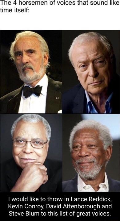 time itself e would like to throw in Lance Reddick Kevin Conroy David Attenborough and Steve Blum to this list of great voices S