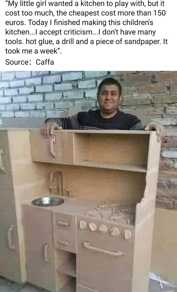 My little girl wanted a kitchen to play with but it cost too much the cheapest cost more than 150 euros Today finished making this childrens kitchenI accept criticismI dont have many tools hot glue a drill and a piece of sandpaper It took me a week Source Caffa