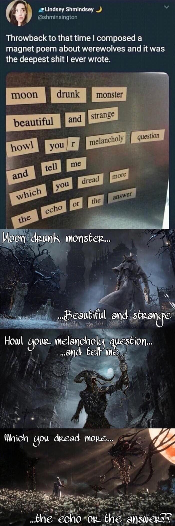 Throwback to that time I composed a magnet poem about werewolves and it was the deepest shit I ever wrote.

moon drunk monster
beautiful and strange
howl your melancholy question
and tell me
which you dread more
the echo or the answer