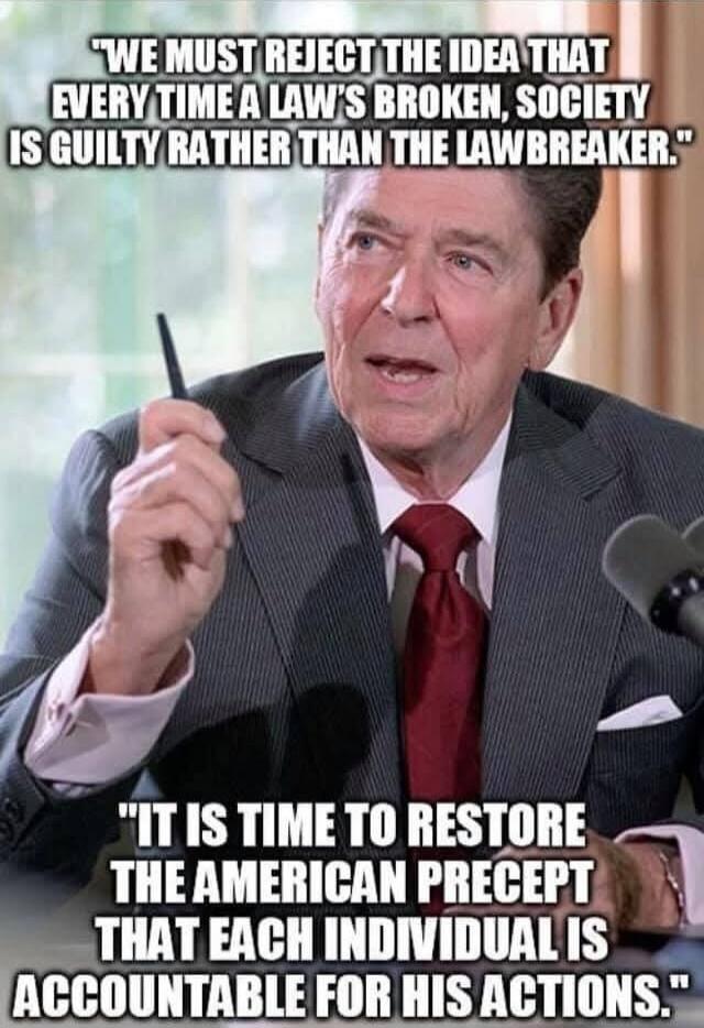 WE MUST REJECT THE IDEA THAT EVERY TIME A LAW'S BROKEN, SOCIETY IS GUILTY RATHER THAN THE LAWBREAKER.
IT IS TIME TO RESTORE THE AMERICAN PRECEPT THAT EACH INDIVIDUAL IS ACCOUNTABLE FOR HIS ACTIONS.