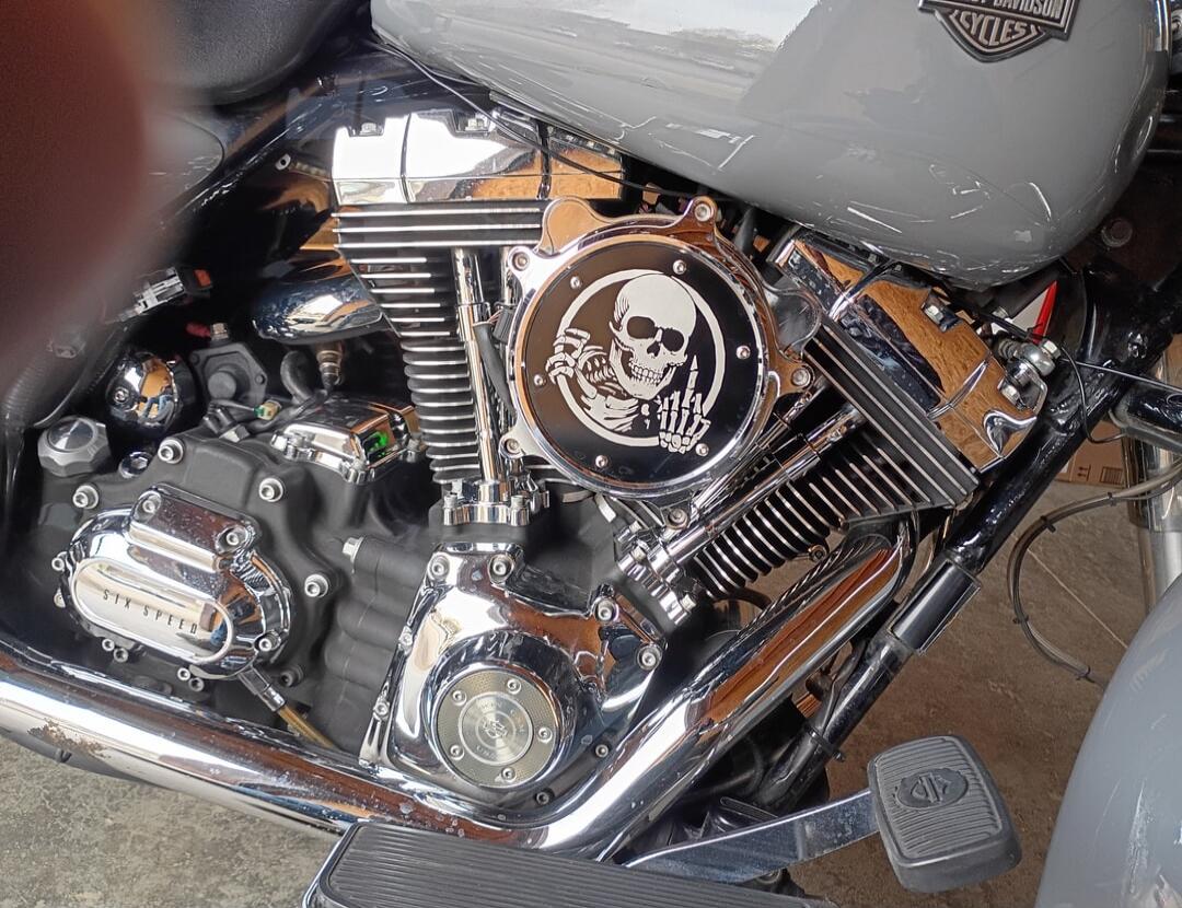Close-up of a motorcycle engine with a round chrome plate featuring a skull design.