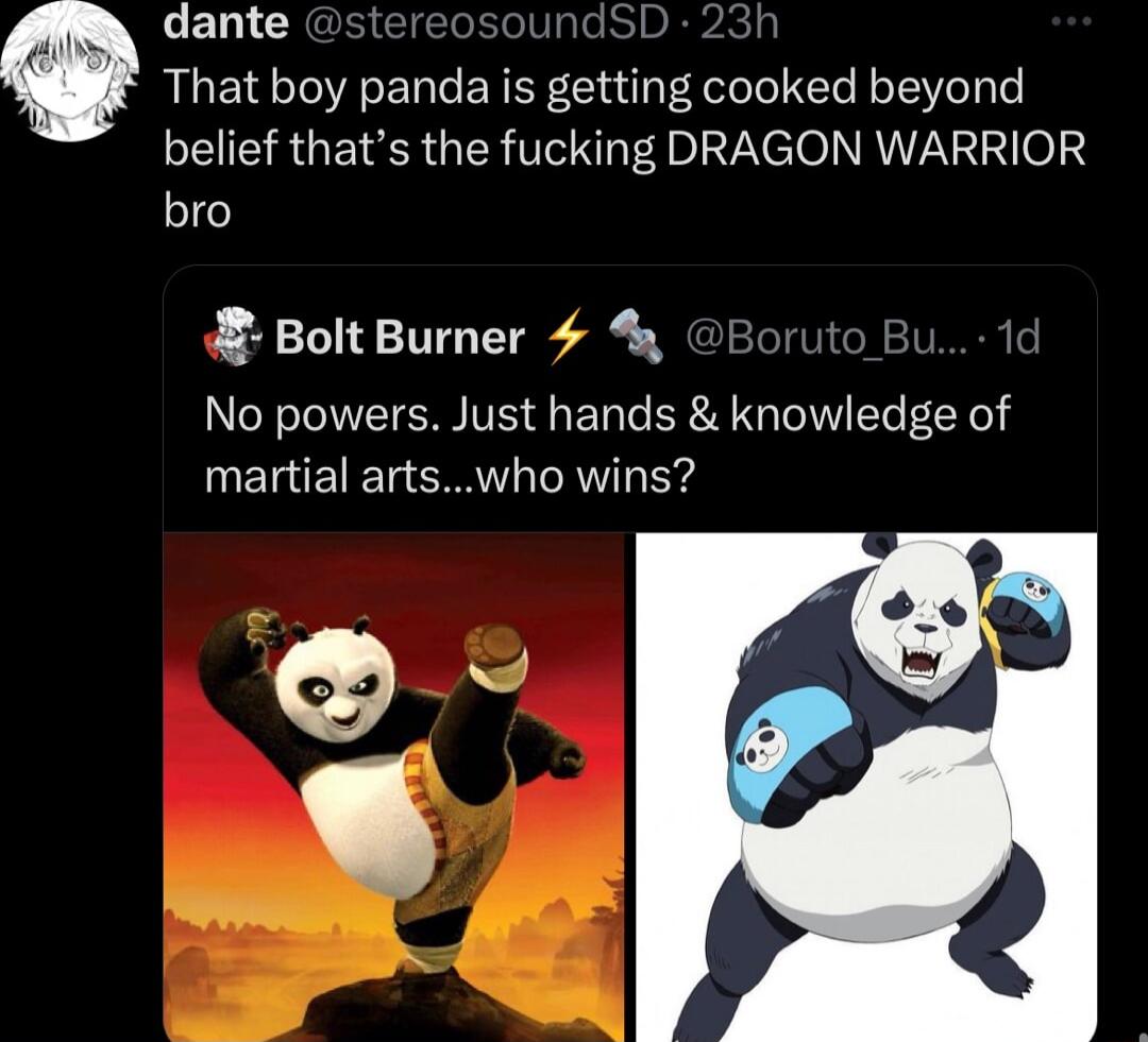 dante That boy panda is getting cooked beyond belief thats the fucking DRAGON WARRIOR bro Bolt Burner 4 1 No powers Just hands knowledge of ELETER SRR