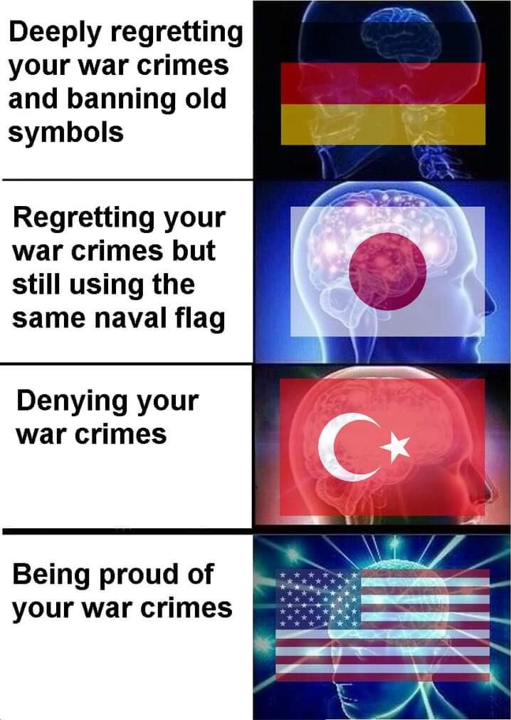 Deeply regretting your war crimes and banning old symbols Regretting your war crimes but still using the same naval flag Denying your war crimes Being proud of your war crimes