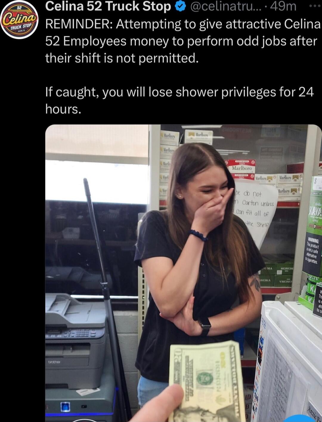 Celina 52 Truck Stop celinatru 49m REMINDER Attempting to give attractive Celina 52 Employees money to perform odd jobs after their shift is not permitted If caught you will lose shower privileges for 24 hours
