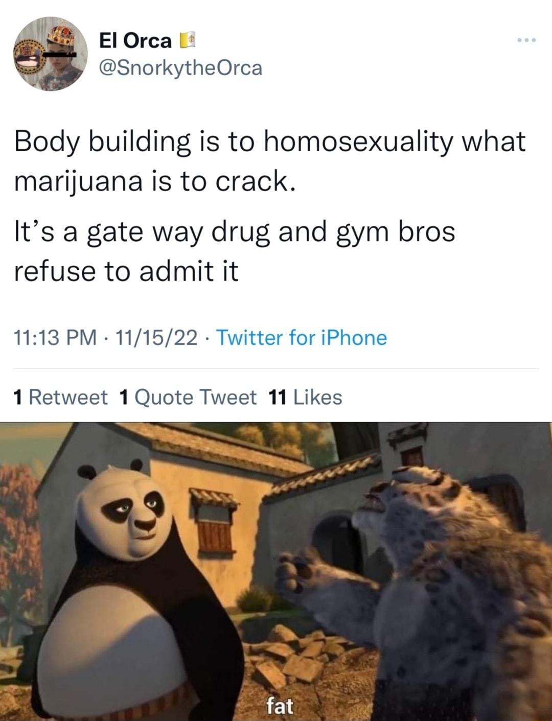 0 ElOrca SnorkytheOrca Body building is to homosexuality what marijuana is to crack Its a gate way drug and gym bros refuse to admit it 1113 PM 111522 Twitter for iPhone 1Retweet 1Quote Tweet 11 Likes
