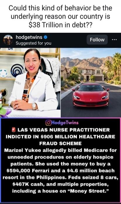 Could this kind of behavior be the underlying reason our country is $38 Trillion in debt?? hodgetwins Suggested for you Follow LAS VEGAS NURSE PRACTITIONER INDICTED IN $906 MILLION HEALTHCARE FRAUD SCHEME Marizel Yukee allegedly billed Medicare for unneeded procedures on elderly hospice patients. She used the money to buy a $594,000 Ferrari and a $
