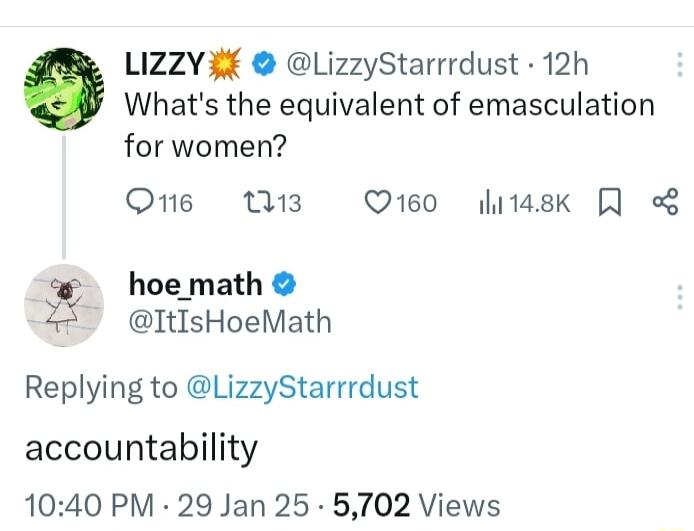 Whats the equivalent of emasculation for women O1e 113 Q160 hiask Q LIZZY 3 LizzyStarrrdust 12h hoe math ItIsHoeMath Replying to LizzyStarrrdust accountability 1040 PM 29 Jan 25 5702 Views