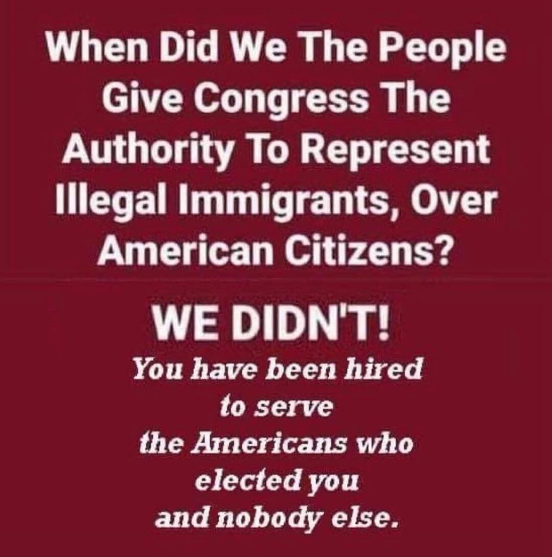 When Did We The People Give Congress The Authority To Represent Illegal Immigrants, Over American Citizens? WE DIDN'T! You have been hired to serve the Americans who elected you and nobody else.