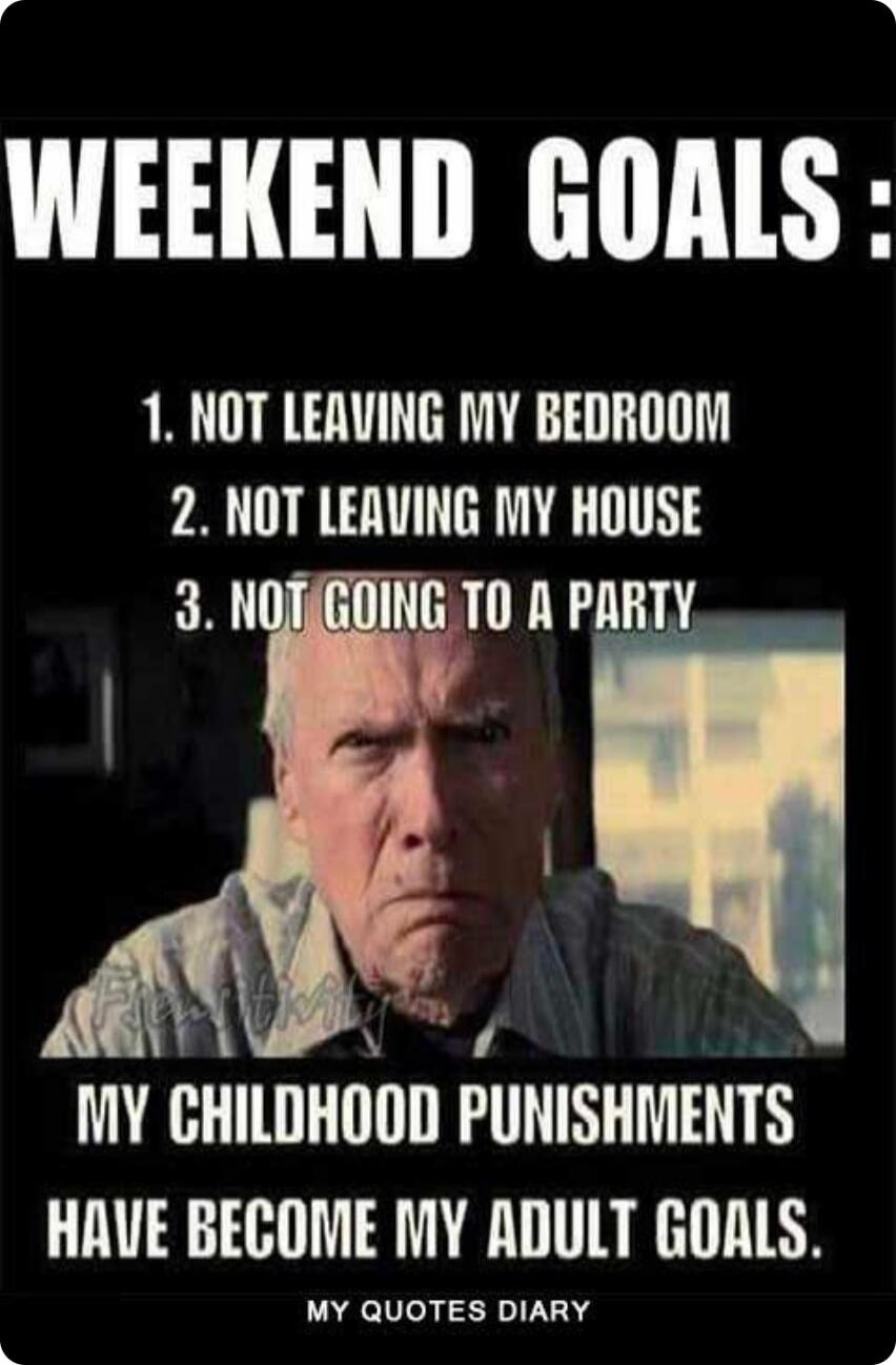 WEEKEND GOALS: 1. NOT LEAVING MY BEDROOM 2. NOT LEAVING MY HOUSE 3. NOT GOING TO A PARTY MY CHILDHOOD PUNISHMENTS HAVE BECOME MY ADULT GOALS.