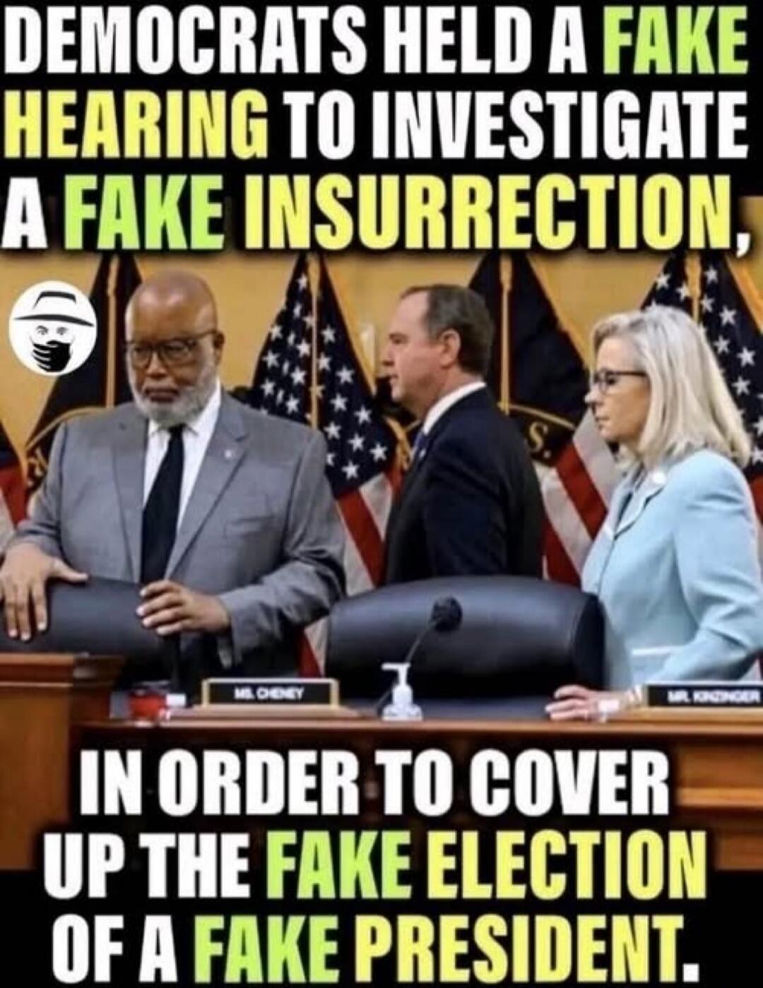 DEMOCRATS HELD A FAKE HEARING TO INVESTIGATE A FAKE INSURRECTION, IN ORDER TO COVER UP THE FAKE ELECTION OF A FAKE PRESIDENT. MS. CHENEY MR. KINZINGER