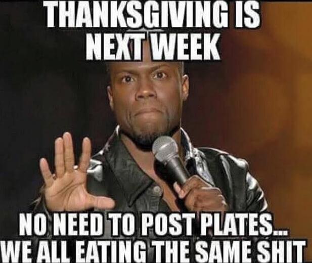 THANKSGIVING IS NEXT WEEK NO NEED TO POST PLATES... WE ALL EATING THE SAME SHIT
