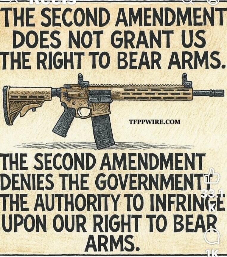 THE SECOND AMENDMENT DOES NOT GRANT US THE RIGHT TO BEAR ARMS. TFPPWIRE.COM THE SECOND AMENDMENT DENIES THE GOVERNMENT THE AUTHORITY TO INFRINGE UPON OUR RIGHT TO BEAR ARMS.