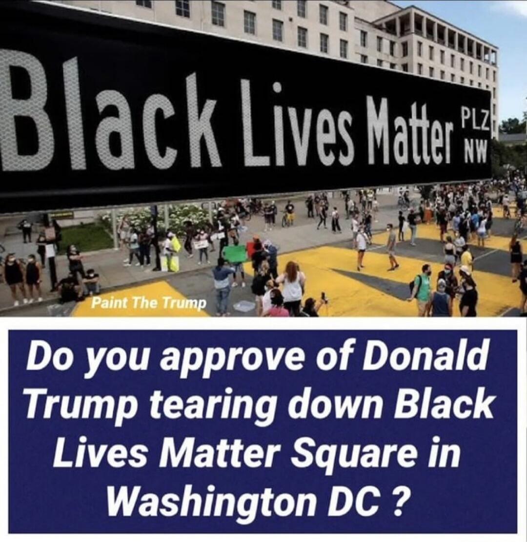 Black Lives Matter PLZ NW. Paint The Trump. Do you approve of Donald Trump tearing down Black Lives Matter Square in Washington DC?