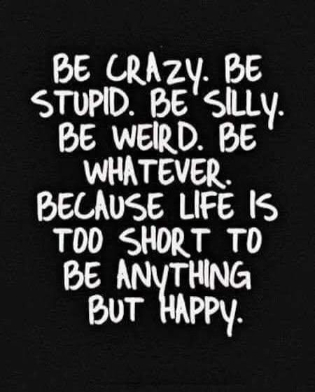 BE CRAZY. BE STUPID. BE SILLY. BE WEIRD. BE WHATEVER. BECAUSE LIFE IS TOO SHORT TO BE ANYTHING BUT HAPPY.
