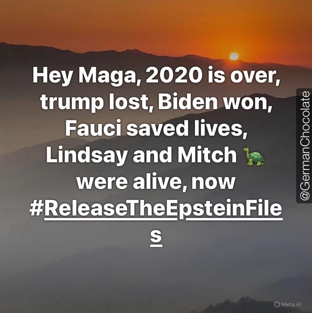 Hey Maga, 2020 is over, trump lost, Biden won, Fauci saved lives, Lindsay and Mitch 🐢 were alive, now #ReleaseTheEpsteinFiles