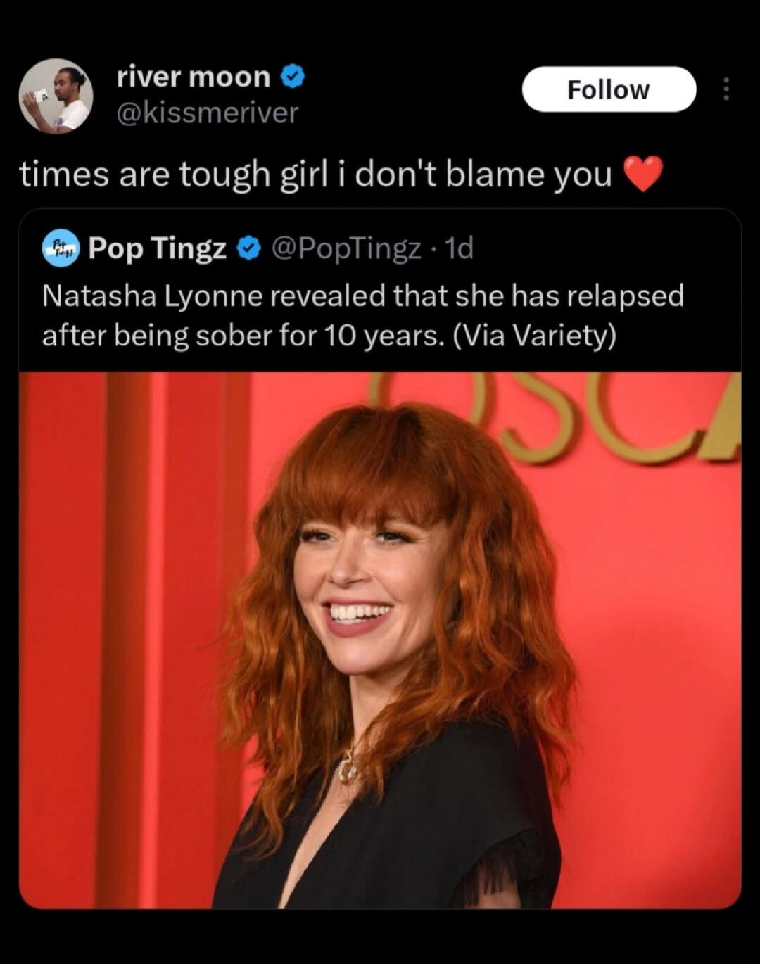 river moon @kissmeriver times are tough girl i don't blame you ❤️ Pop Tingz @PopTingz 1d Natasha Lyonne revealed that she has relapsed after being sober for 10 years. (Via Variety)