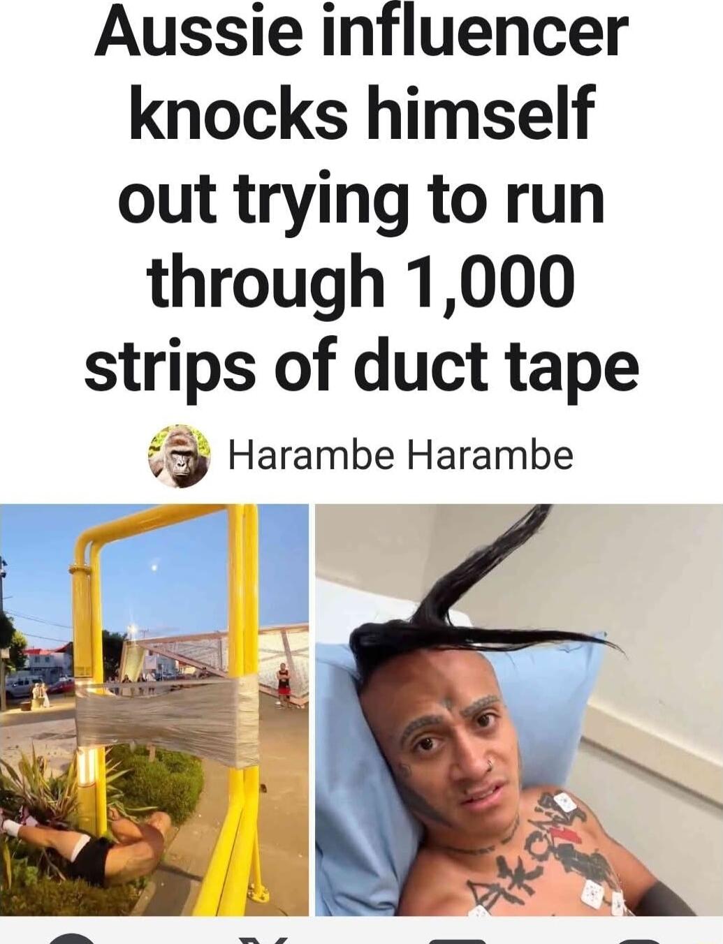 Aussie influencer knocks himself out trying to run through 1000 strips of duct tape