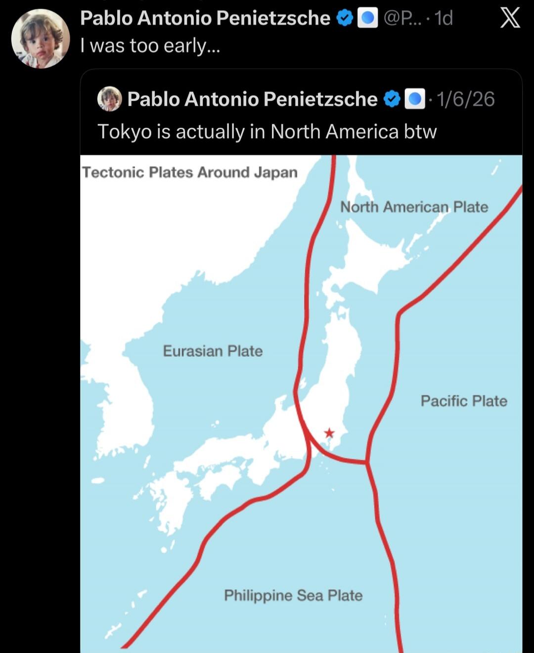Pablo Antonio Penietzsche I was too early... Pablo Antonio Penietzsche Tokyo is actually in North America btw Tectonic Plates Around Japan Eurasian Plate North American Plate Pacific Plate Philippine Sea Plate