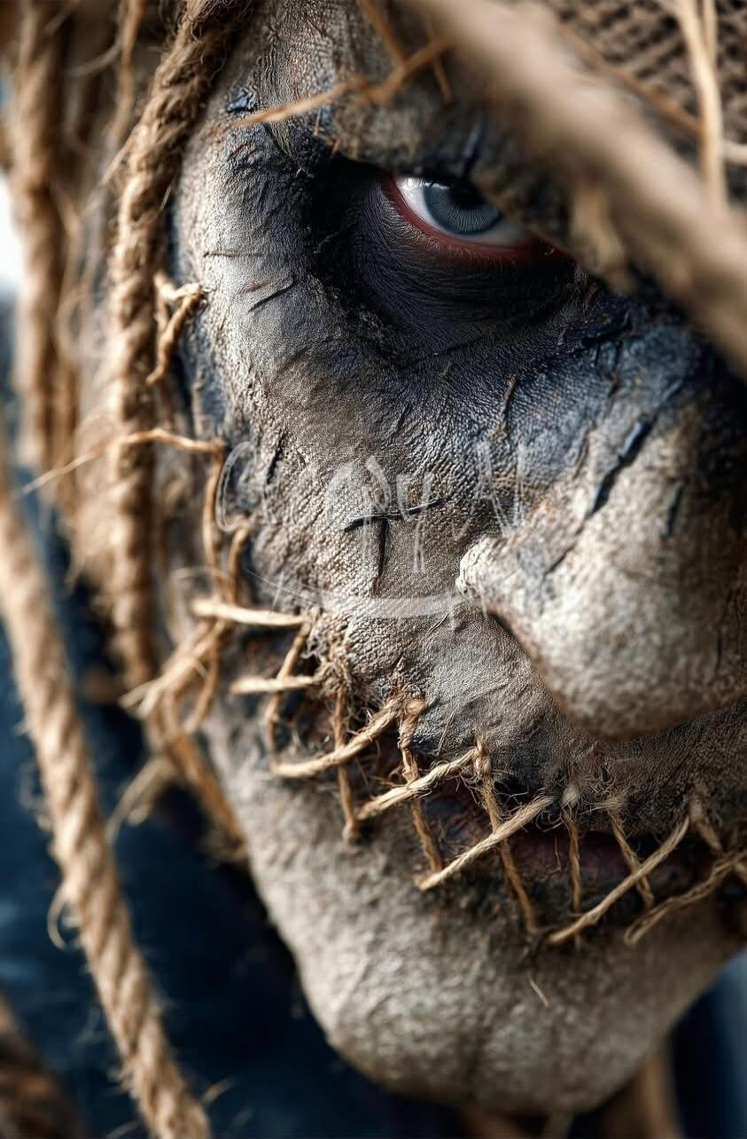 Close-up of a creepy scarecrow face with stitched mouth and ropes.