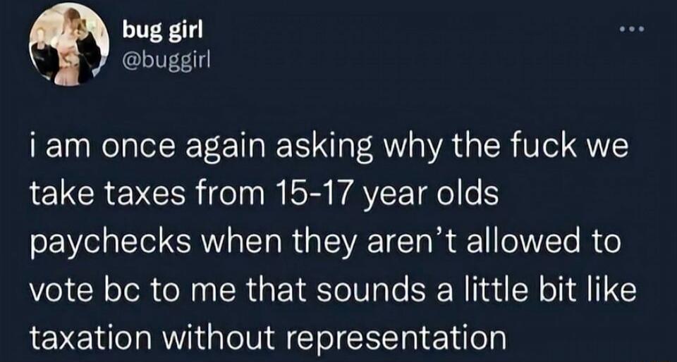 bug girl @buggirl i am once again asking why the fuck we take taxes from 15-17 year olds paychecks when they aren't allowed to vote bc to me that sounds a little bit like taxation without representation